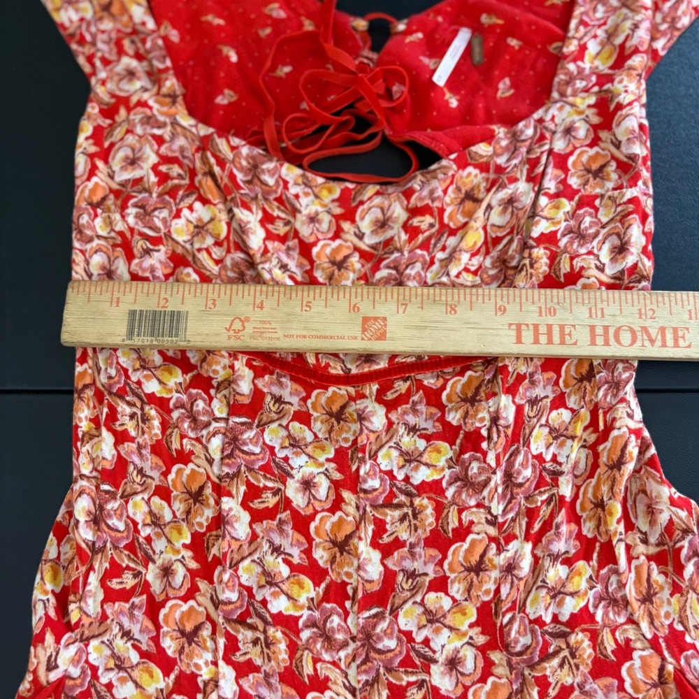 Free People Ponderosa Mini Dress Size M Red Floral Babydoll Lace Up Cut Out Back - Picture 8 of 12